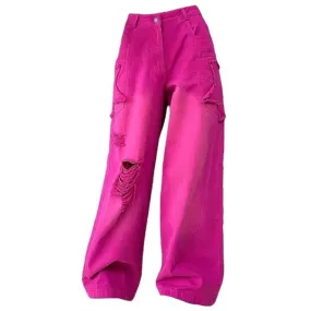 00s Kids Pink Star Ripped Baggy Jeans