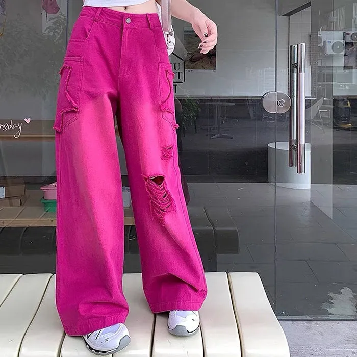 00s Kids Pink Star Ripped Baggy Jeans