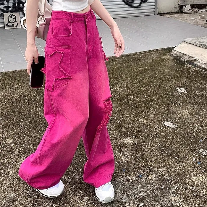 00s Kids Pink Star Ripped Baggy Jeans