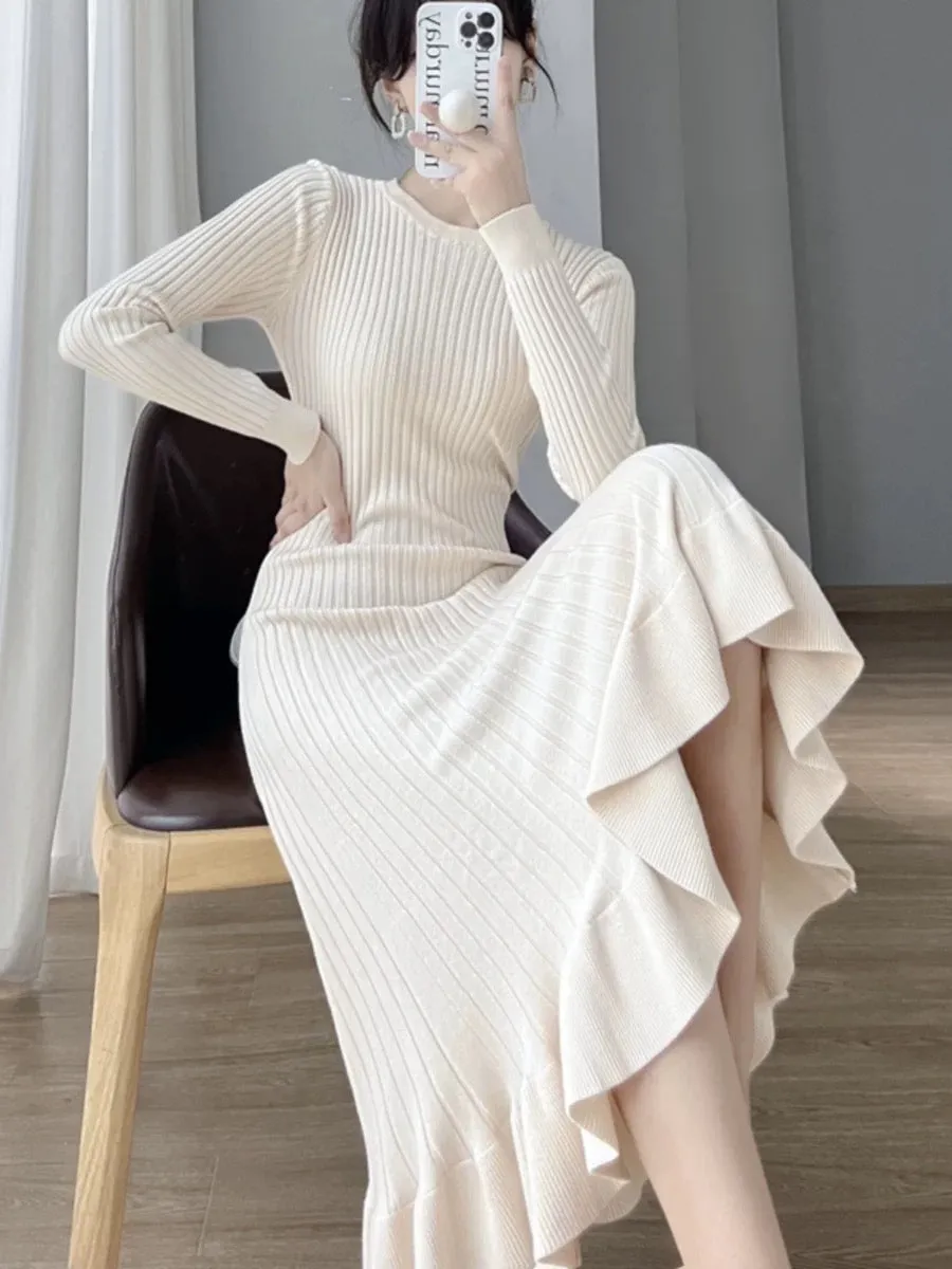 Autumn and winter inner matching coat and sweater skirt for women 2023 new slim temperament ruffled fishtail knitted dress