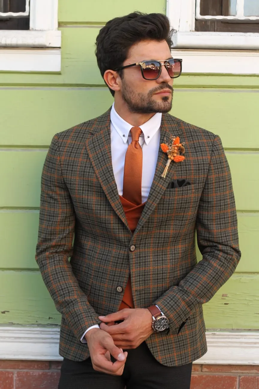 Bando Slim-Fit Wool Plaid Jacket Khaki