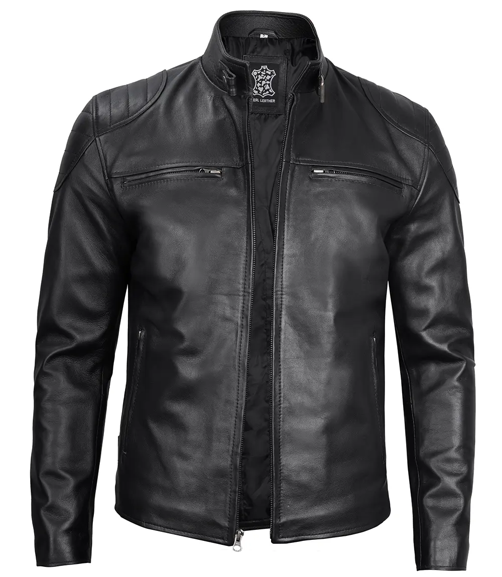 Black Real Leather Cafe Racer Jacket