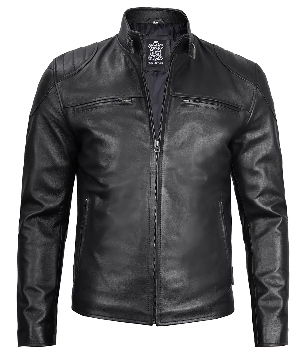 Black Real Leather Cafe Racer Jacket