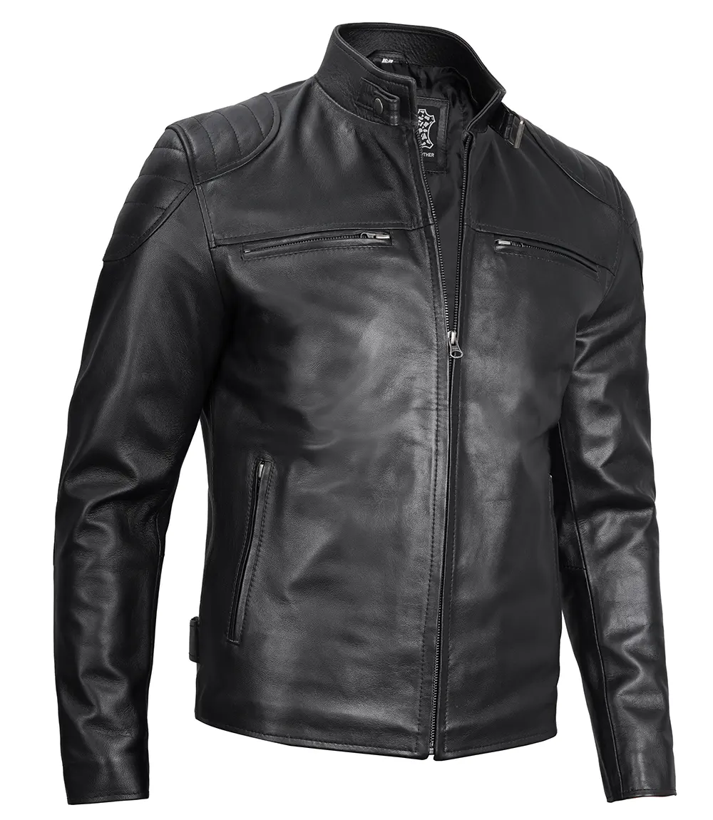 Black Real Leather Cafe Racer Jacket