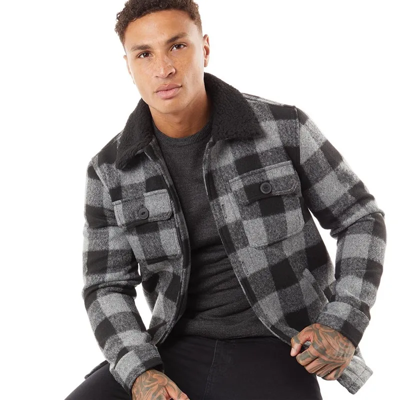 Brave Soul Mens Augustus Checked Sherpa Collar Jacket Black/Grey