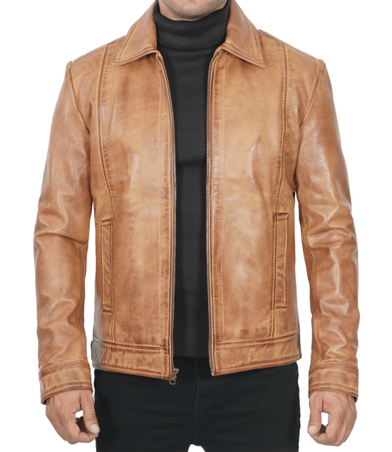 Casual Harrington Vintage Leather Jacket Men's Light Brown