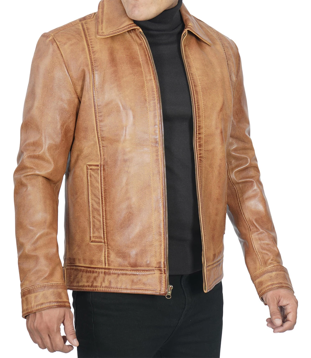 Casual Harrington Vintage Leather Jacket Men's Light Brown