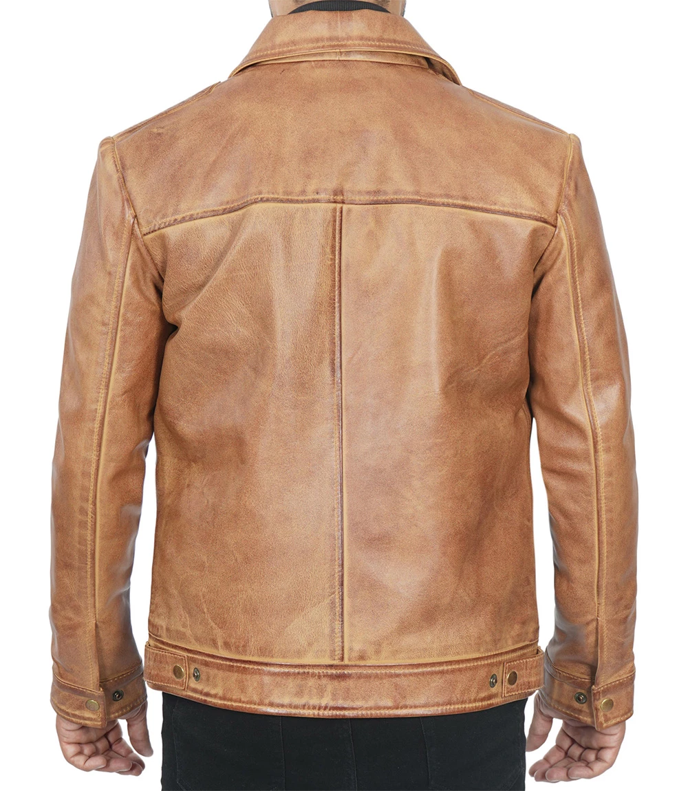 Casual Harrington Vintage Leather Jacket Men's Light Brown