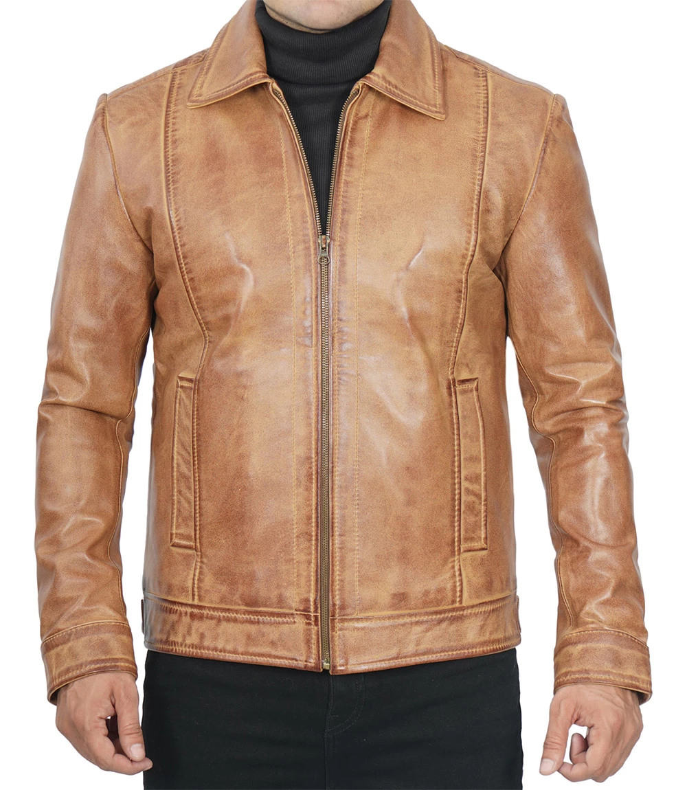 Casual Harrington Vintage Leather Jacket Men's Light Brown