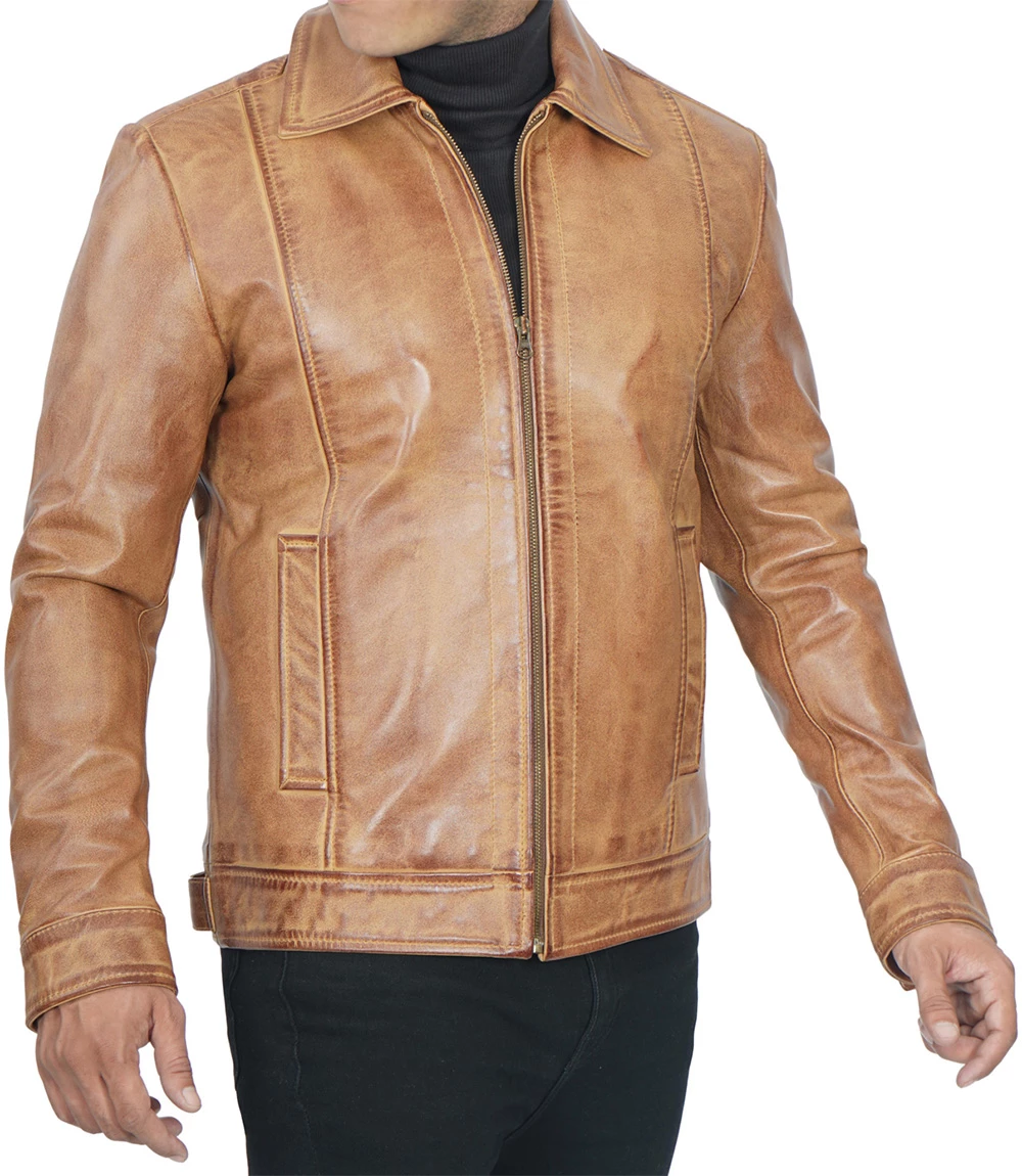 Casual Harrington Vintage Leather Jacket Men's Light Brown