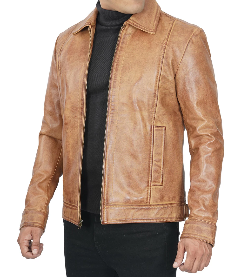 Casual Harrington Vintage Leather Jacket Men's Light Brown