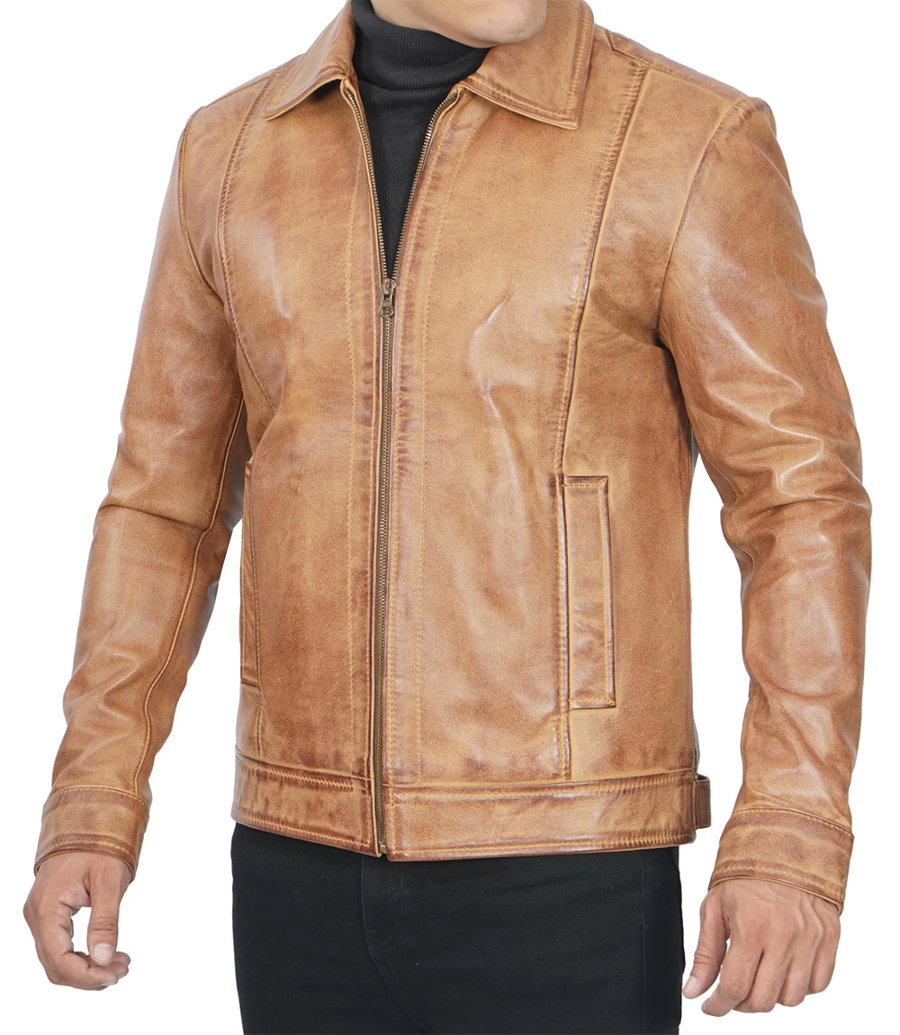 Casual Harrington Vintage Leather Jacket Men's Light Brown