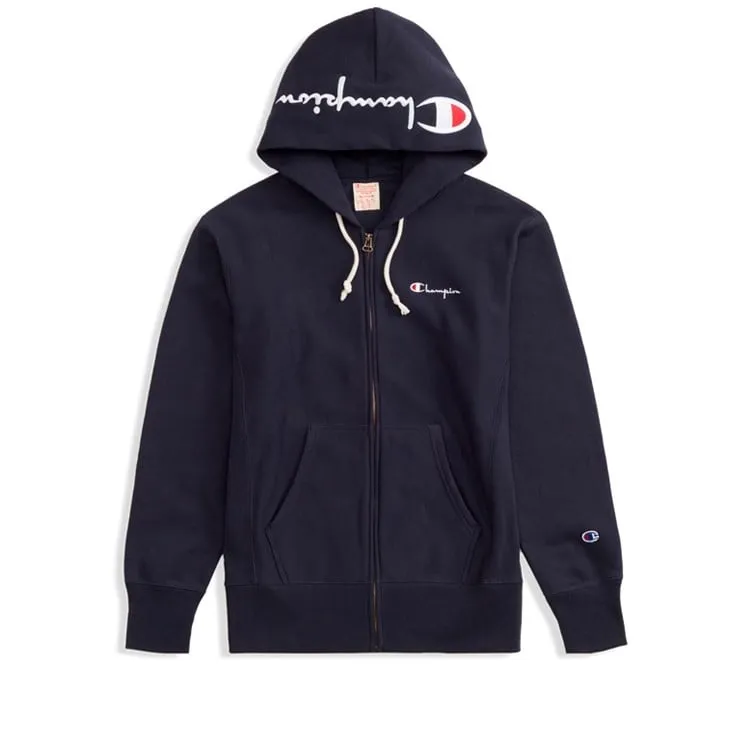 Champion Reverse Weave Hood Script Applique Full Zip Hooded Sweatshirt (New Navy)