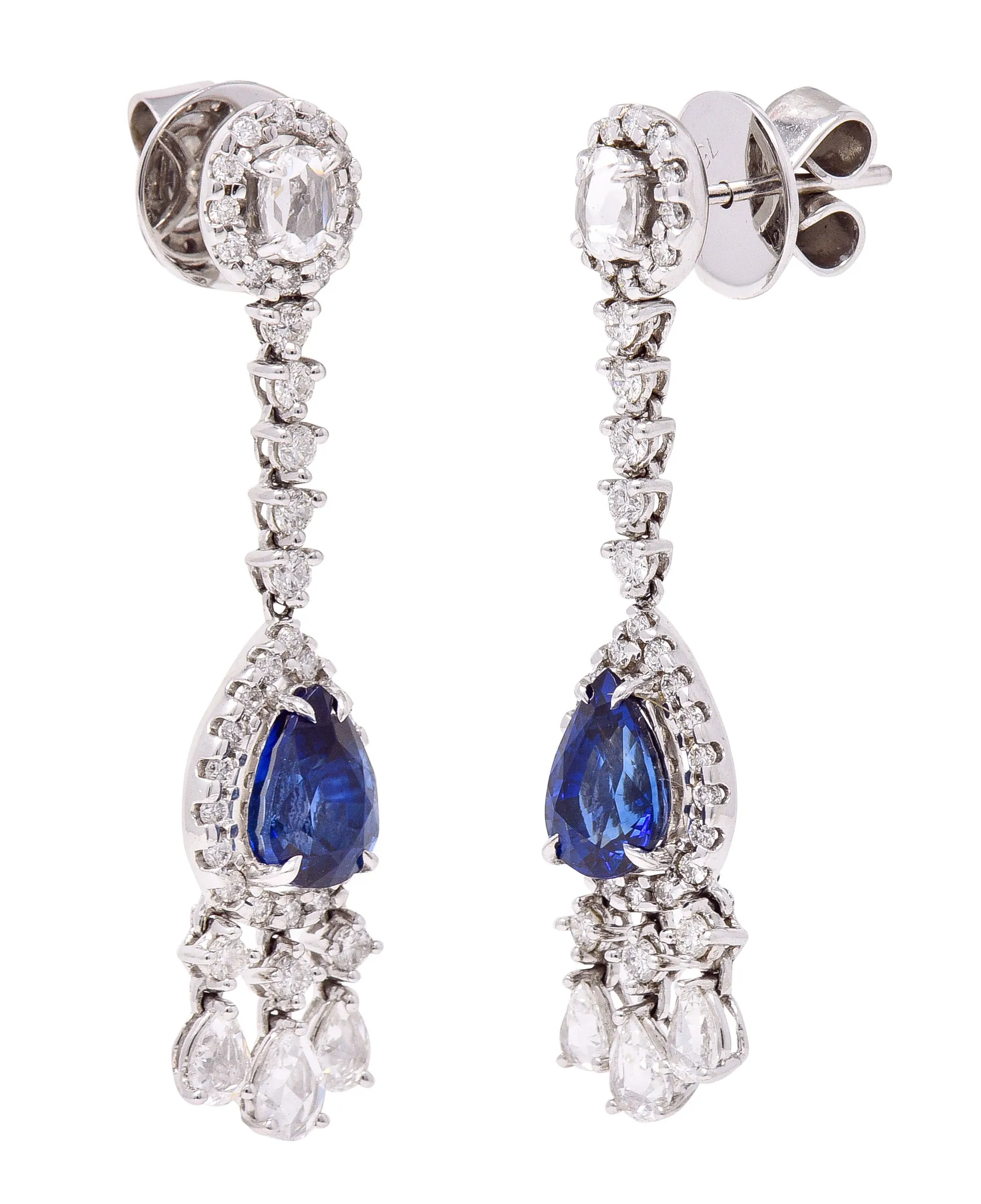 Contemporary 4.46 CTW Pear Cut sapphire Diamond 18 Karat White Gold Fringe Drop Earrings