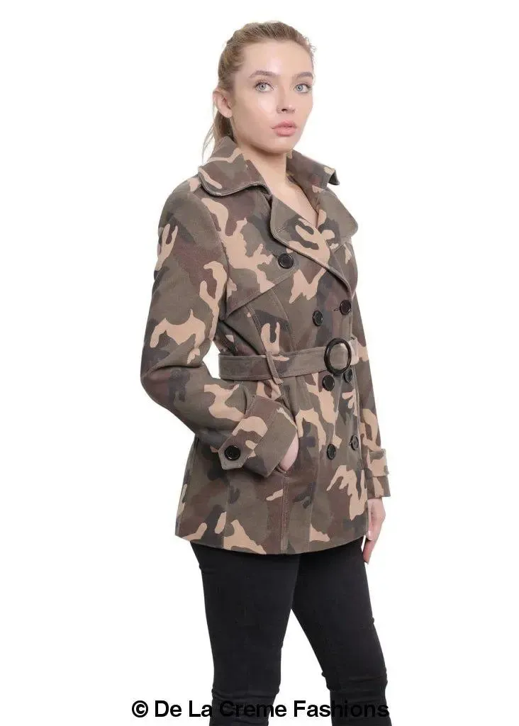 De La Creme - Womens Camo Print Double Breasted Short Coat