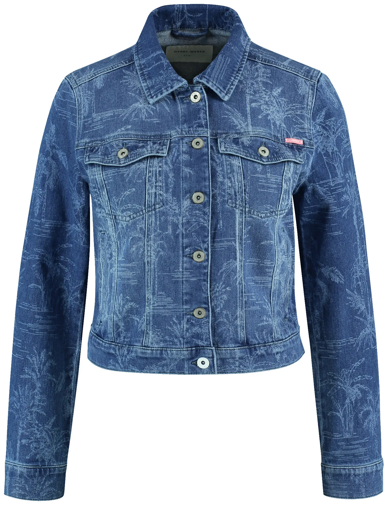 Denim jacket with a subtle palm tree design