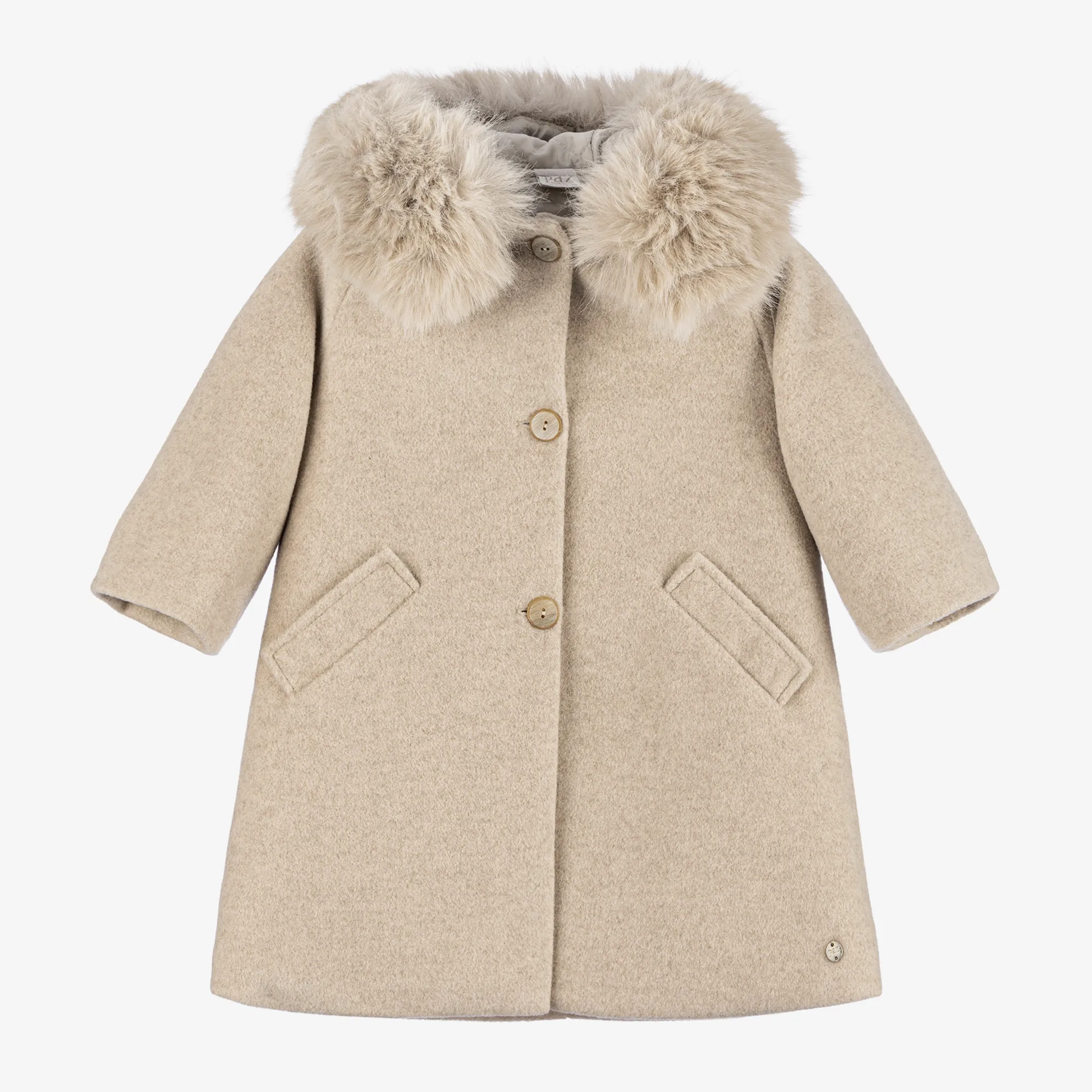 Girls Beige Faux Fur Trim Coat