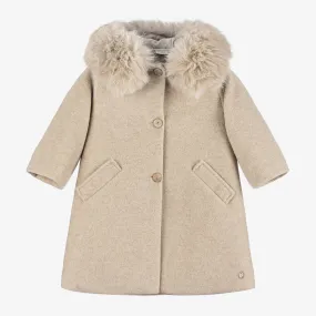 Girls Beige Faux Fur Trim Coat