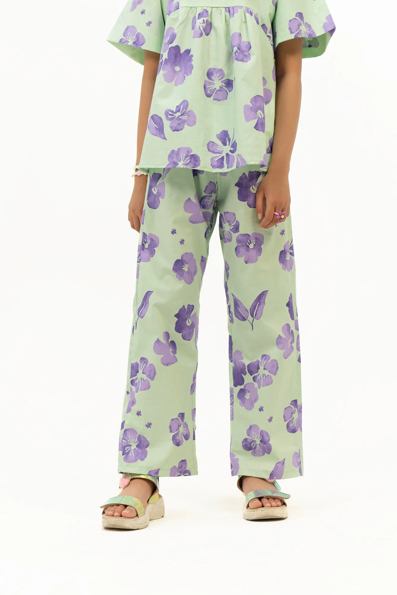 Girls Wide Leg Elasticated Pant - Light Green Purple Floral