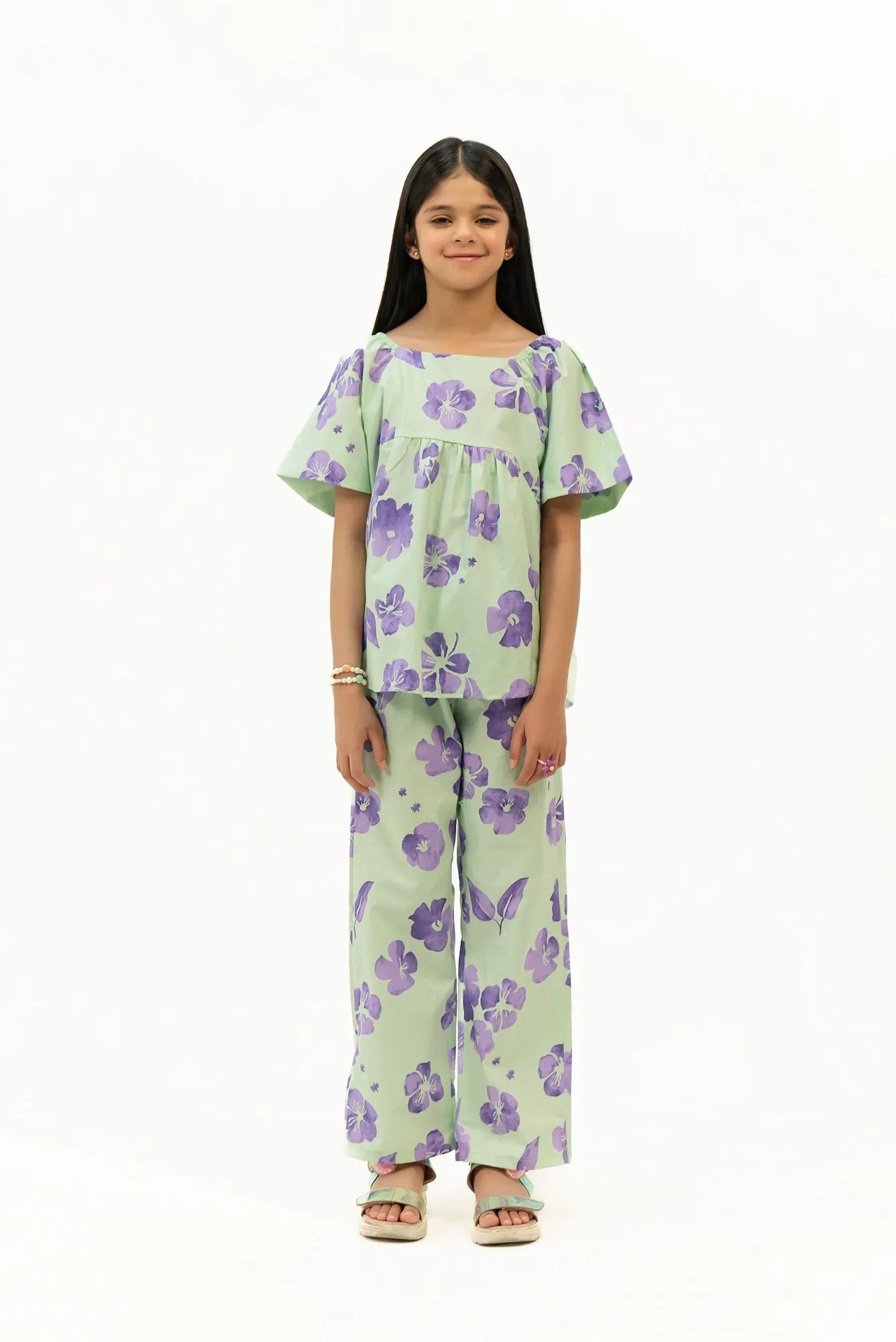 Girls Wide Leg Elasticated Pant - Light Green Purple Floral