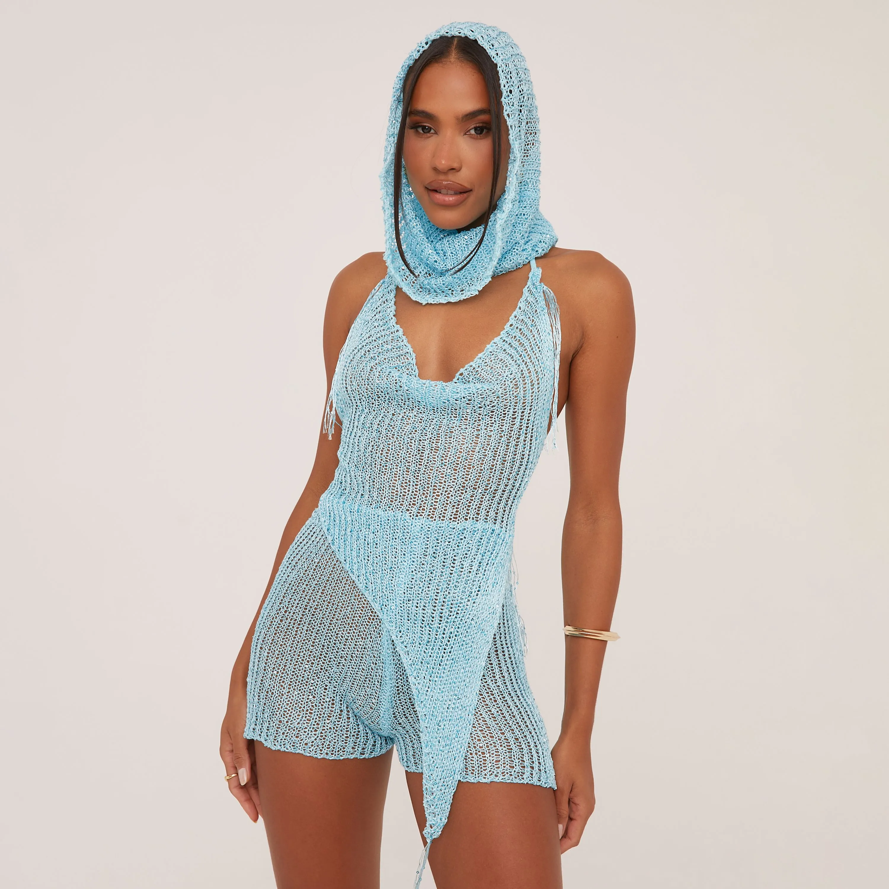 Halterneck Asymmetric Top And Hotpants With Hood Co-Ord Set In Turquoise Sequin Crochet Knit