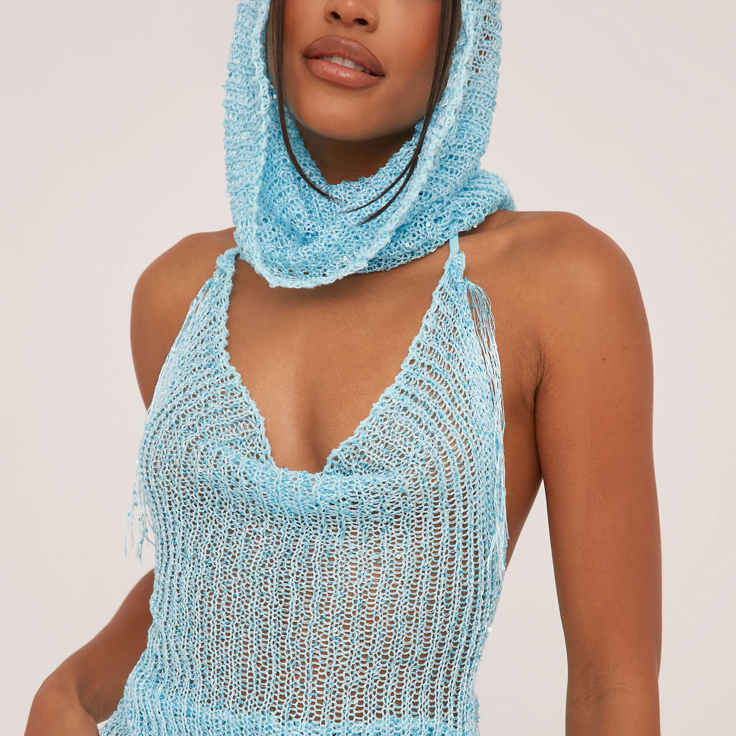 Halterneck Asymmetric Top And Hotpants With Hood Co-Ord Set In Turquoise Sequin Crochet Knit