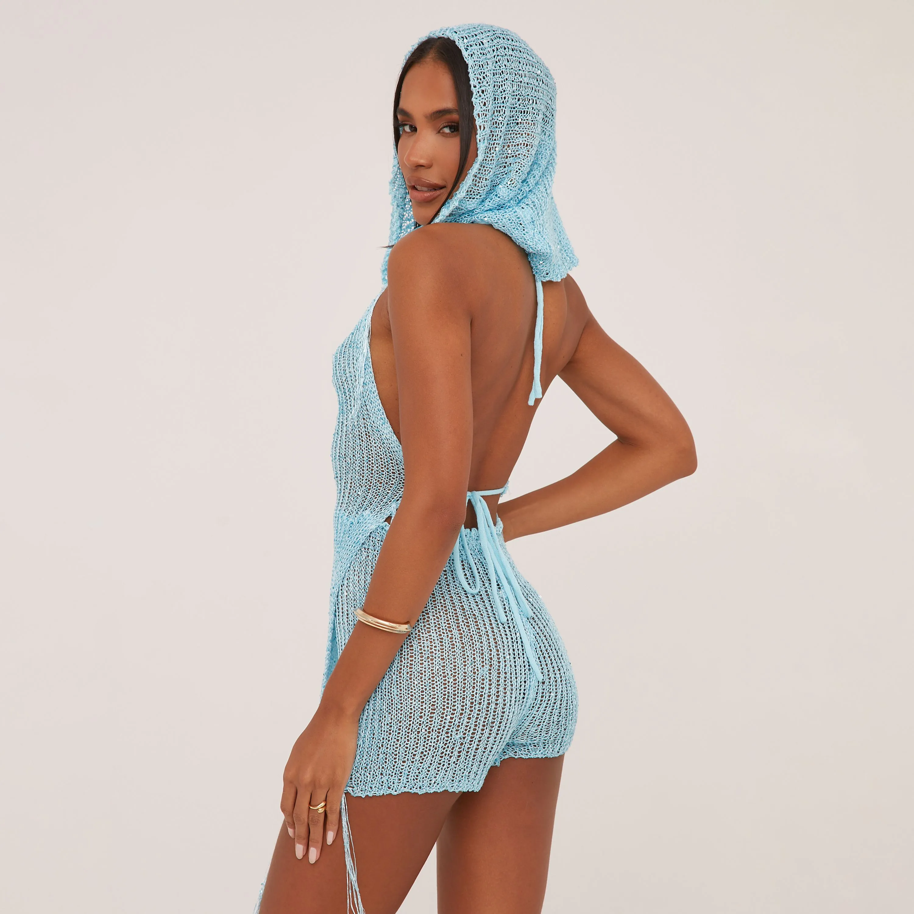 Halterneck Asymmetric Top And Hotpants With Hood Co-Ord Set In Turquoise Sequin Crochet Knit