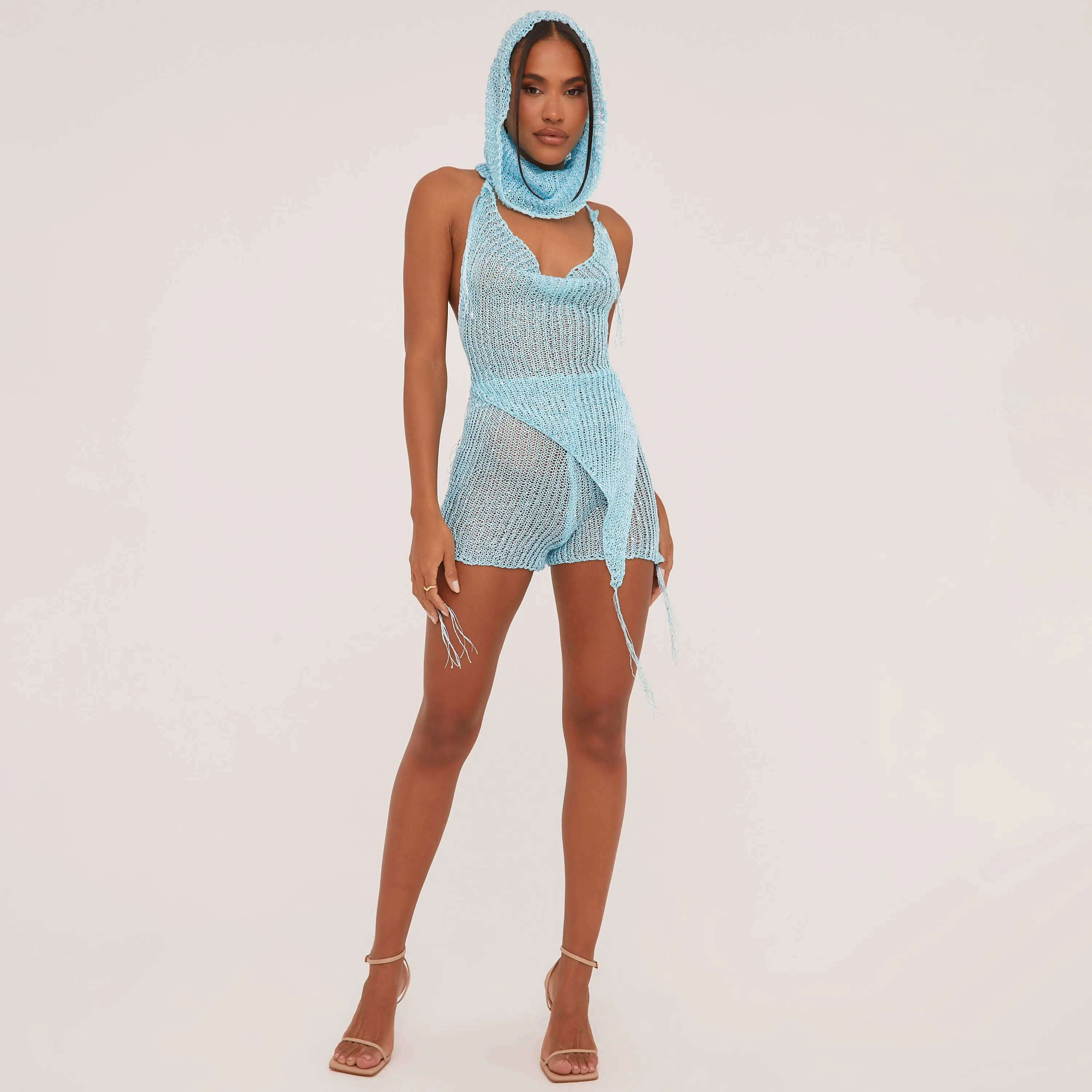 Halterneck Asymmetric Top And Hotpants With Hood Co-Ord Set In Turquoise Sequin Crochet Knit