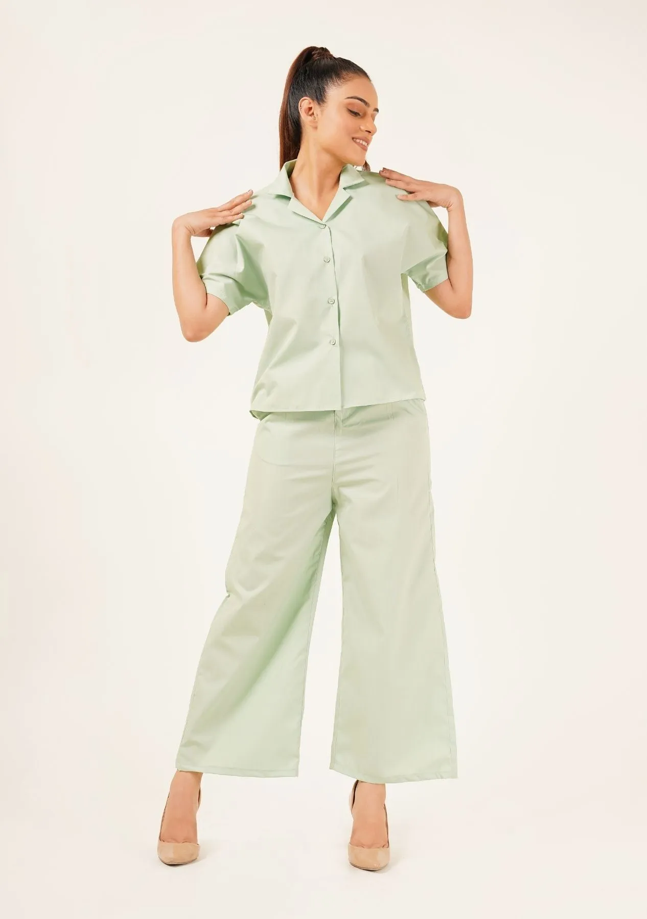 High Waisted Culotte Pant with Pleat - light green