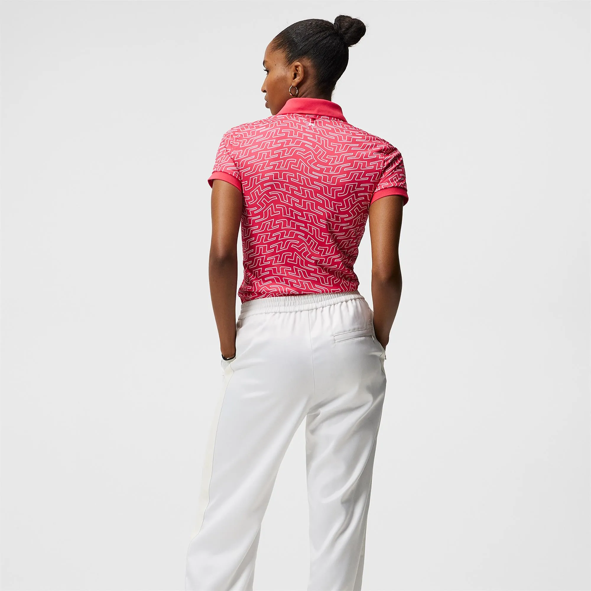 J Lindeberg Tour Tech Print Ladies Golf Polo Azalea Outline Bridge