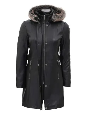 Jean Womens Black Real Leather Hooded Shearling Coat