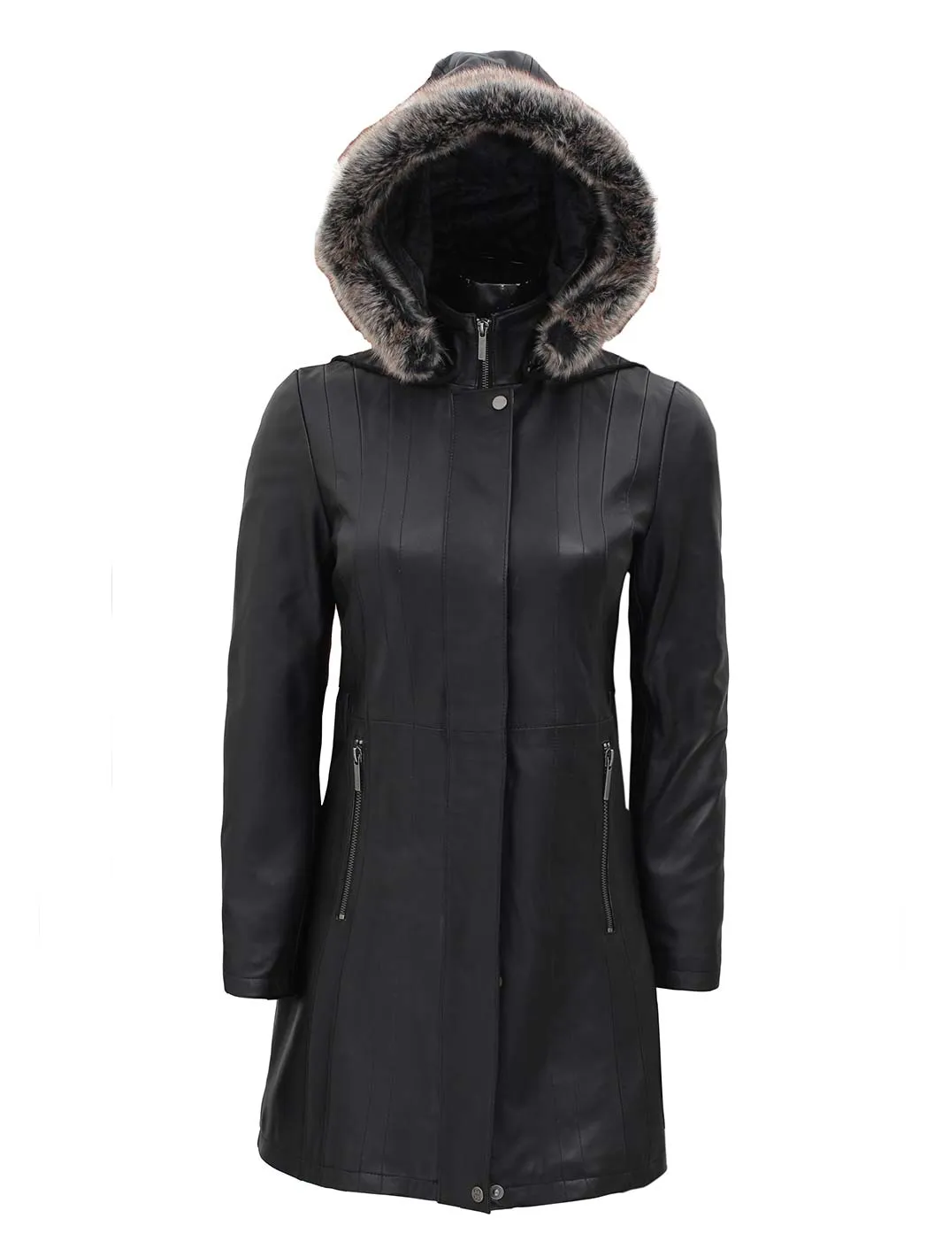 Jean Womens Black Real Leather Hooded Shearling Coat