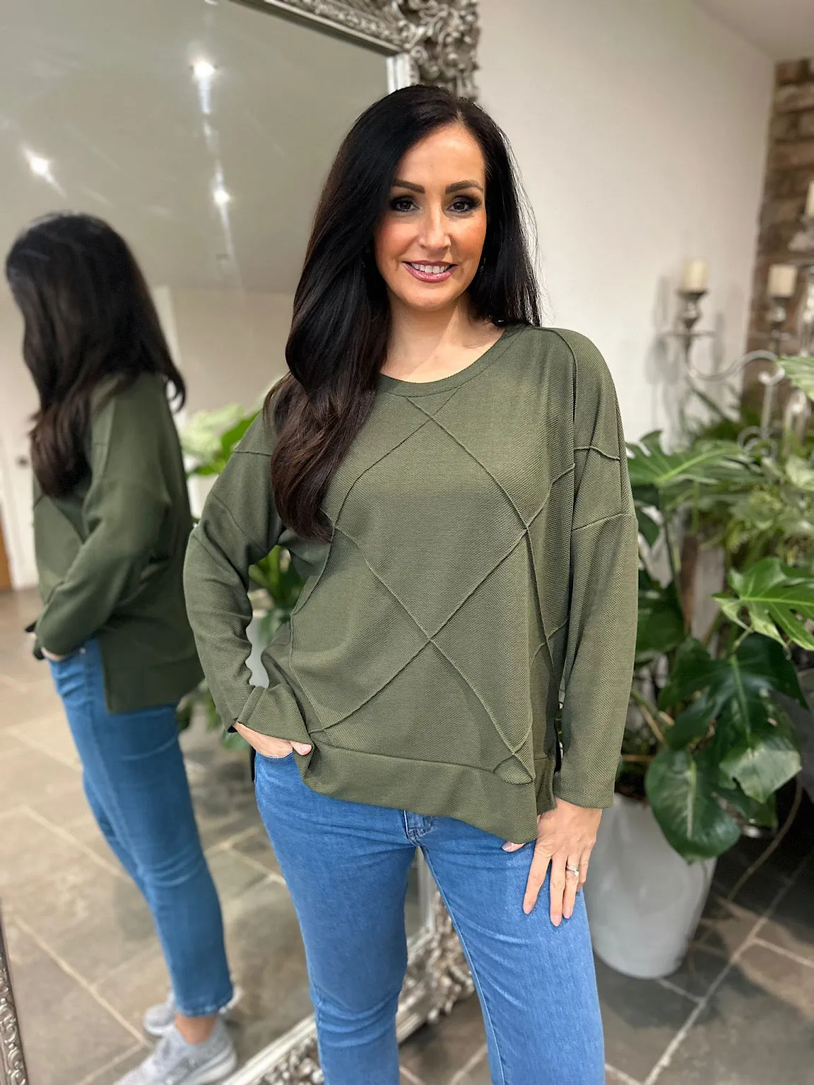 Khaki Reverse Seam Round Neck Knit Simone