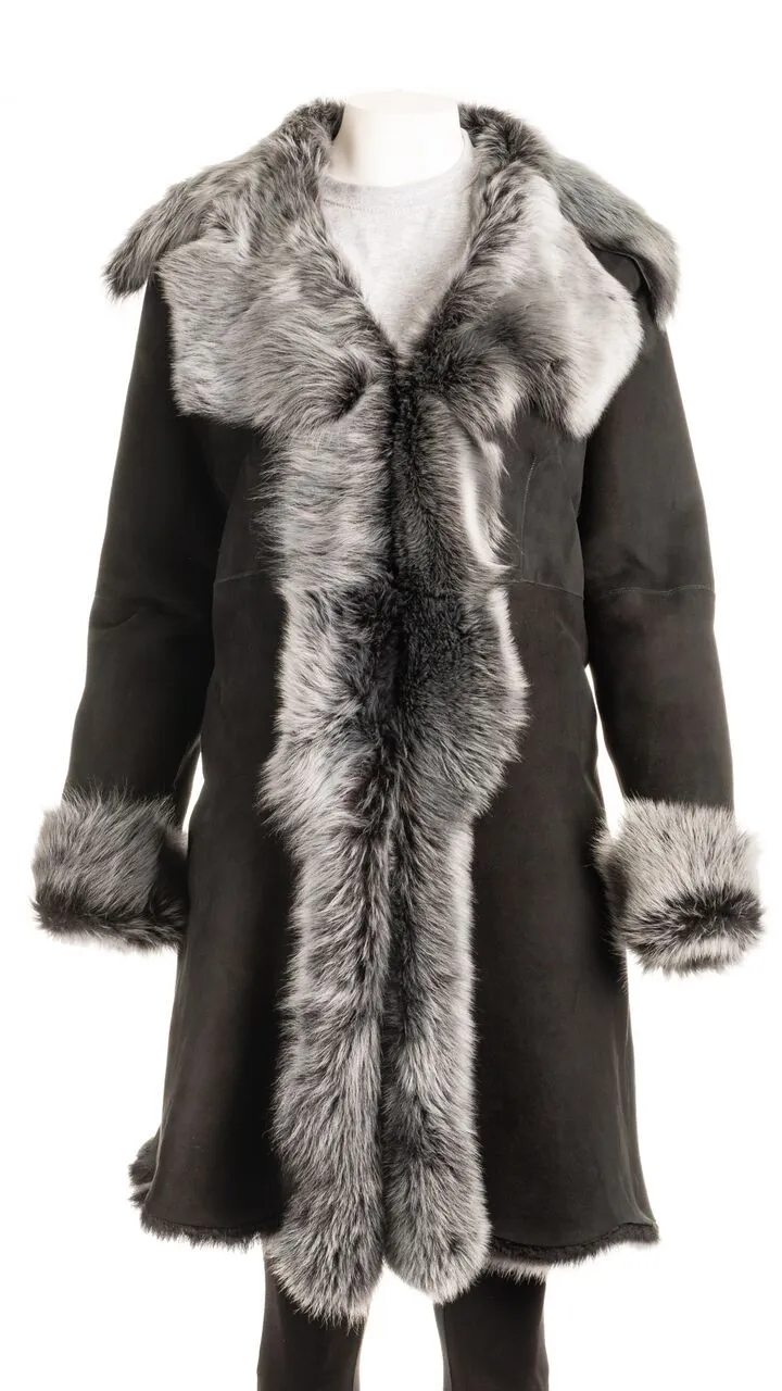 Ladies Black Toscana 3/4 Length Shearling Sheepskin Coat: Donna