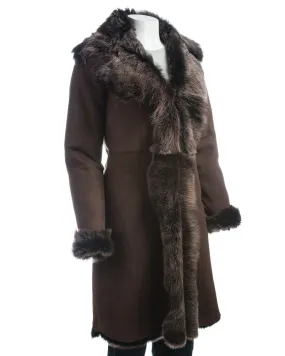 Ladies Brown Toscana 3/4 Length Shearling Sheepskin Coat: Donna