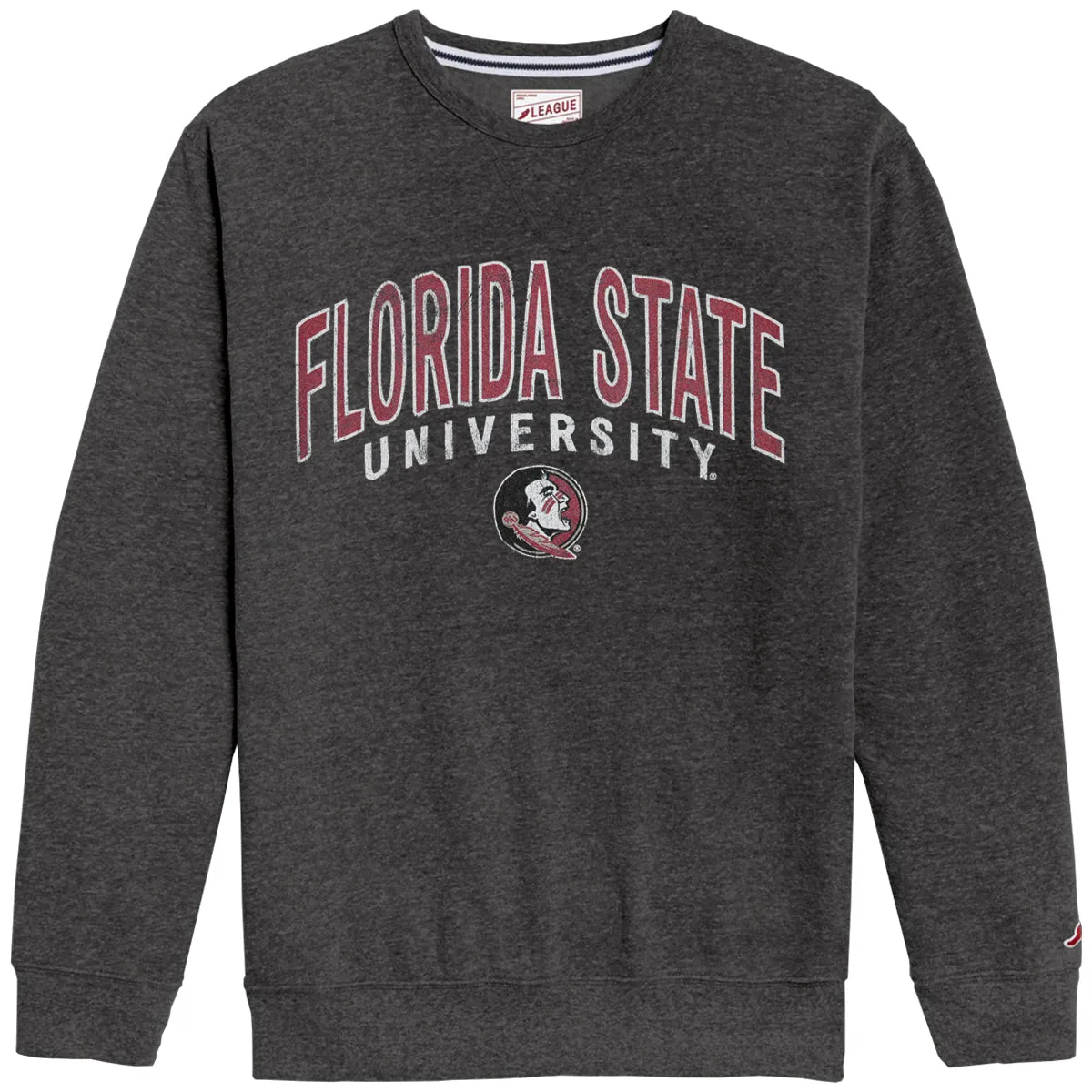 League Men's Florida State University Seminole Logo Tri-blend Fleece Crew - Heathered Black