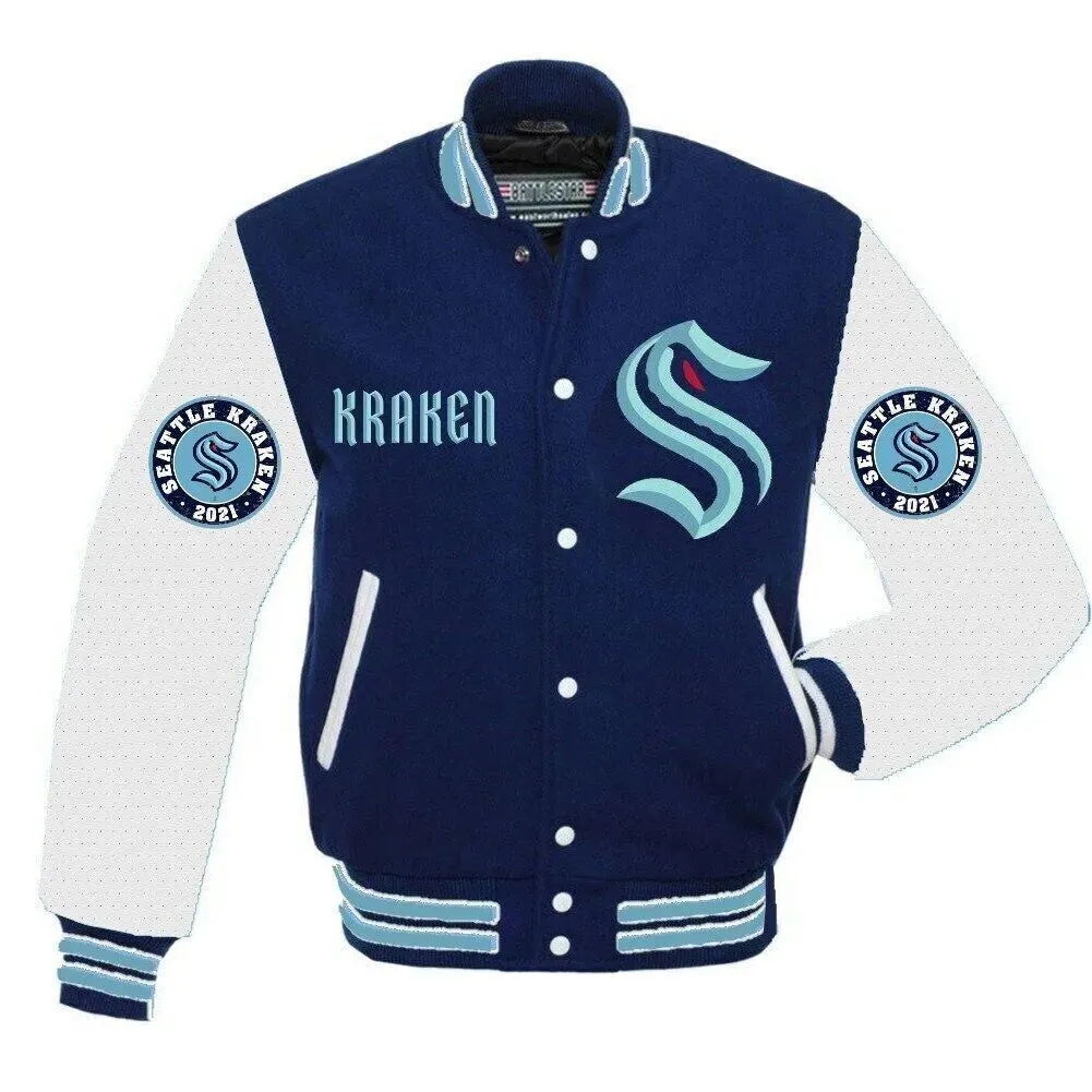 Letterman Seattle Kraken Blue and White Varsity Jacket