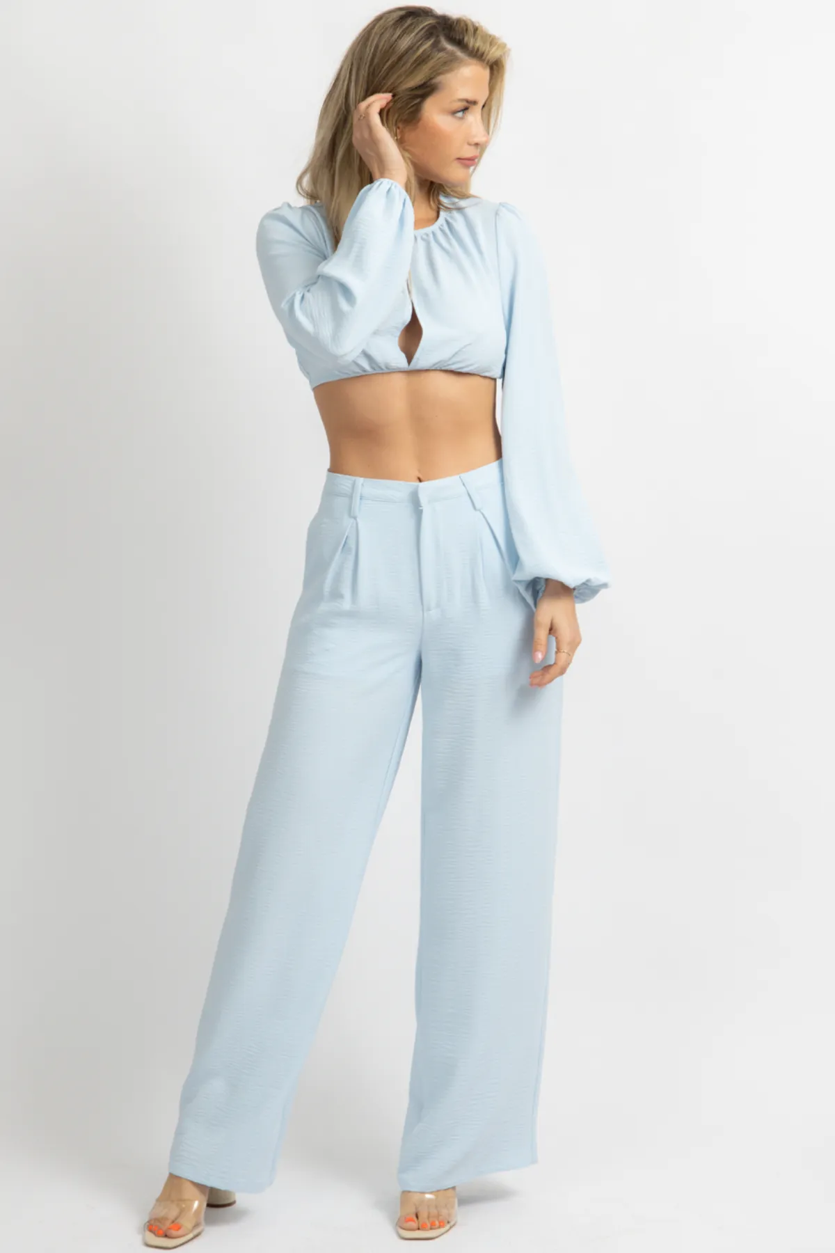 LIGHT BLUE OPEN FRONT PANT SET