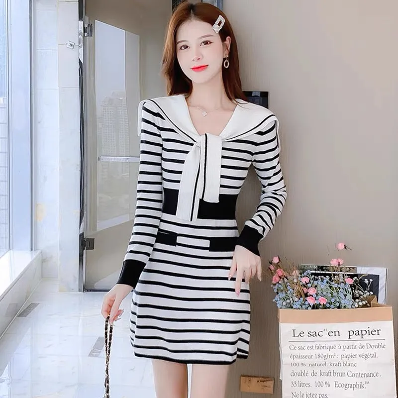 lolita 2022 new autumn and winter long-sleeved striped navy collar coat knitted dress women's petite