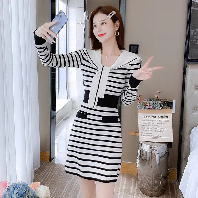 lolita 2022 new autumn and winter long-sleeved striped navy collar coat knitted dress women's petite