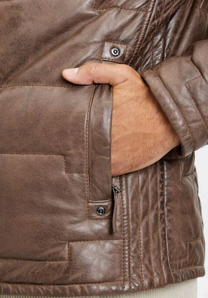 Men's taupe leather jacket aplin down jacket style