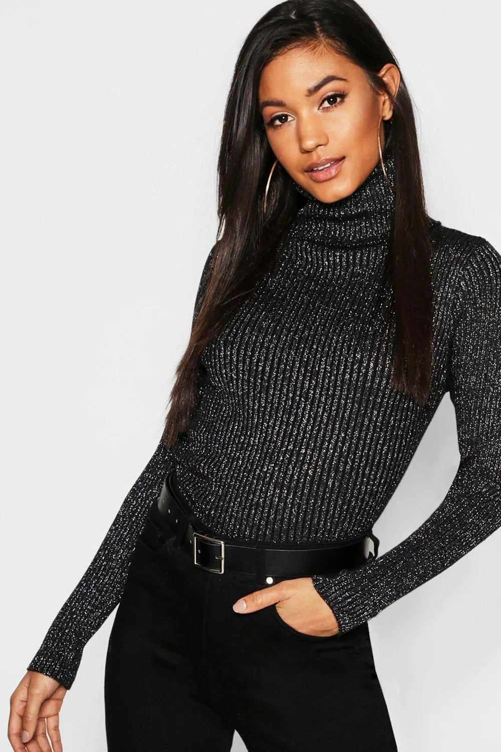 Metallic Rib Knit Turtleneck Sweater