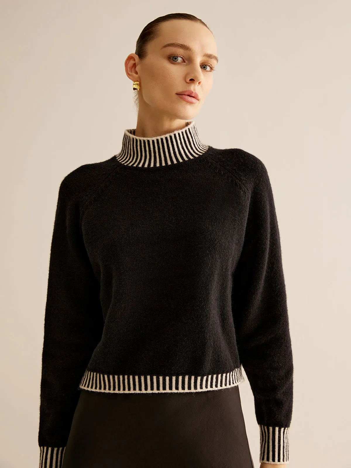 Mock Neck Contrast Pinstripe Sweater