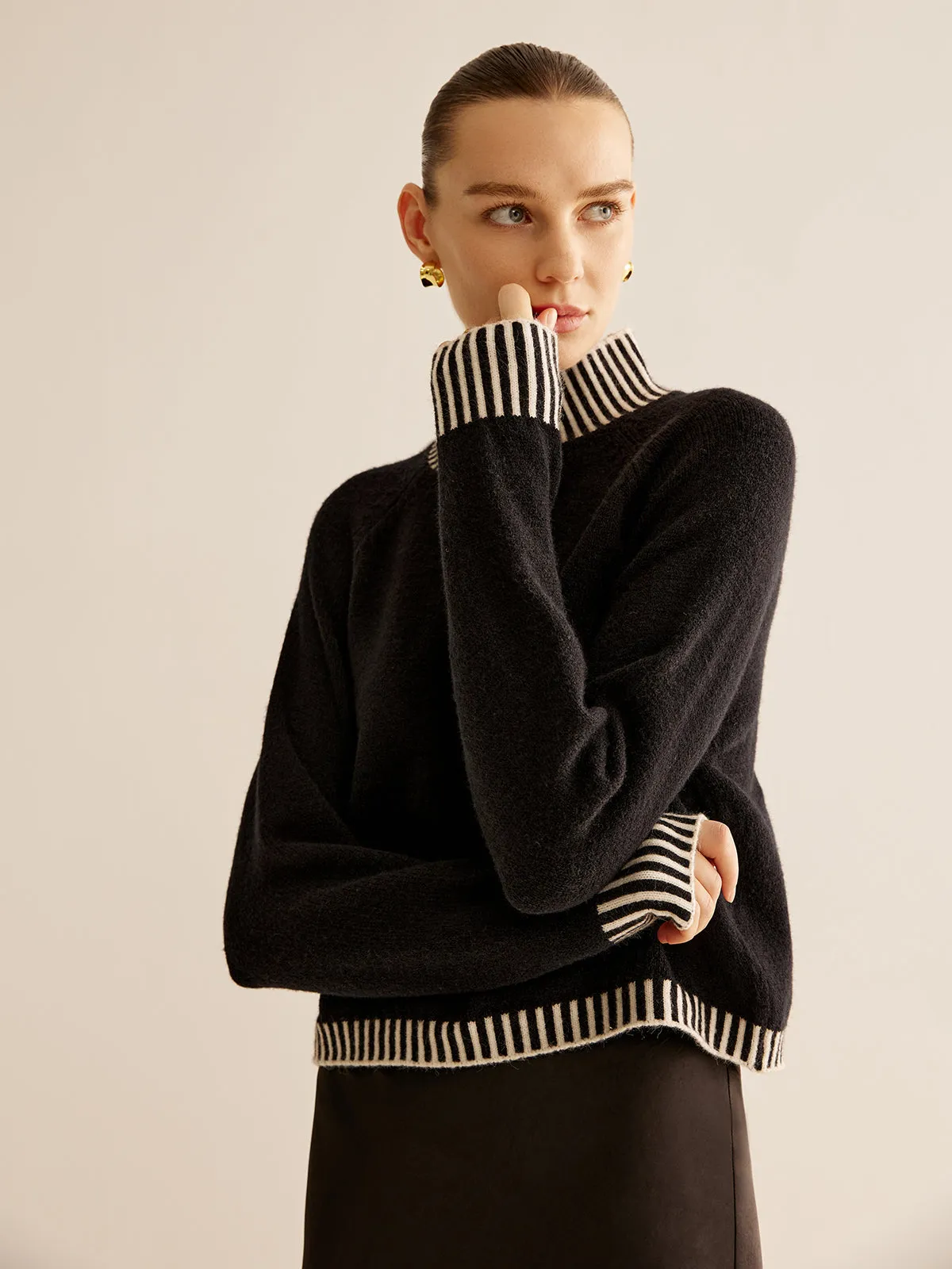 Mock Neck Contrast Pinstripe Sweater