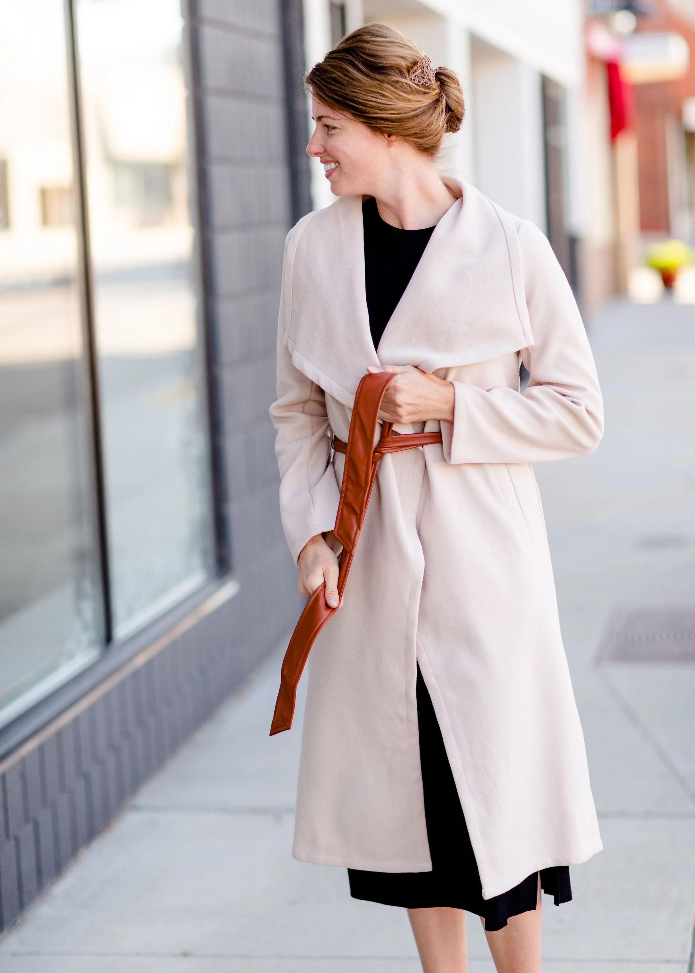 Natural Draped Neck Belted Coat - FINAL SALE