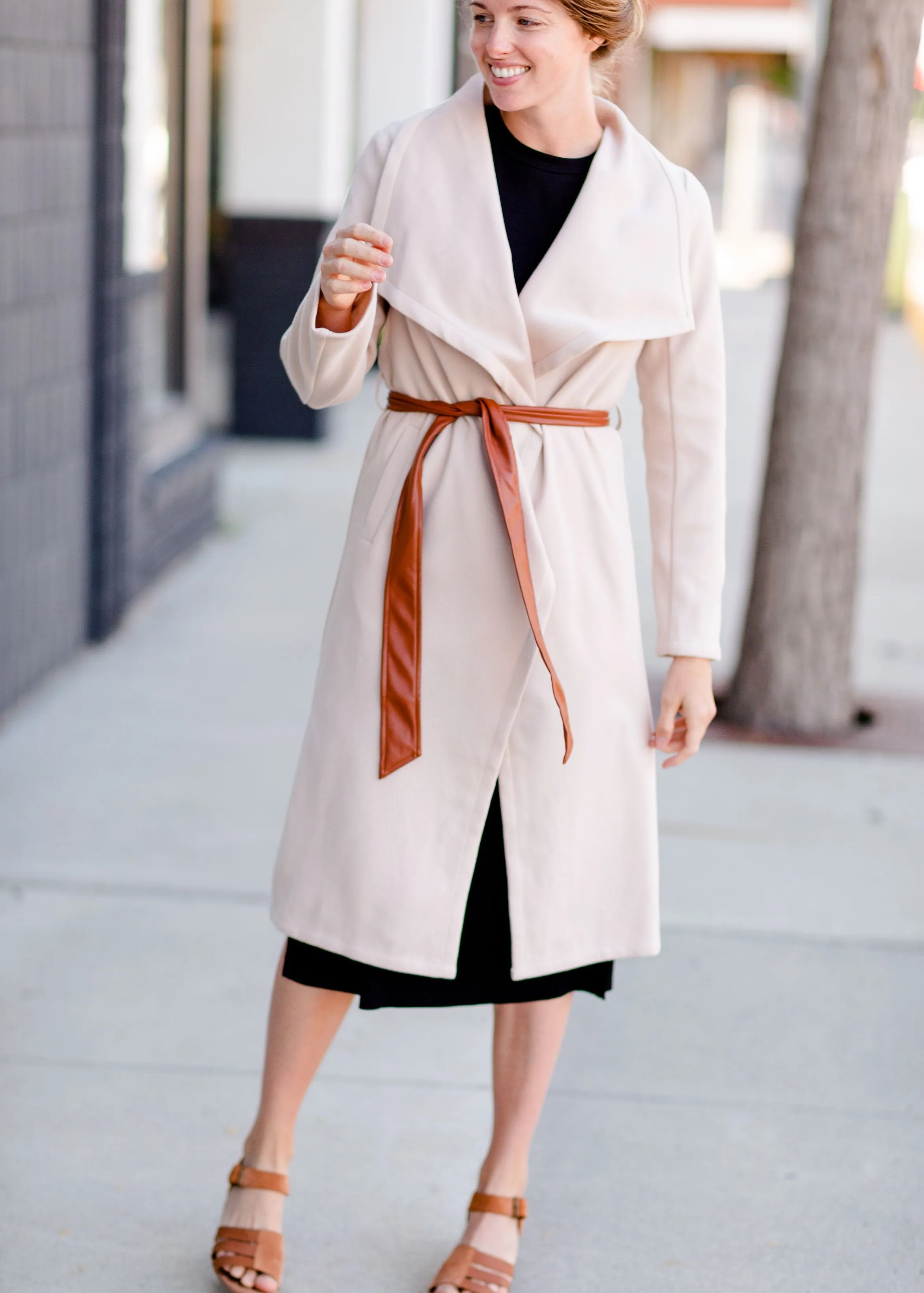 Natural Draped Neck Belted Coat - FINAL SALE