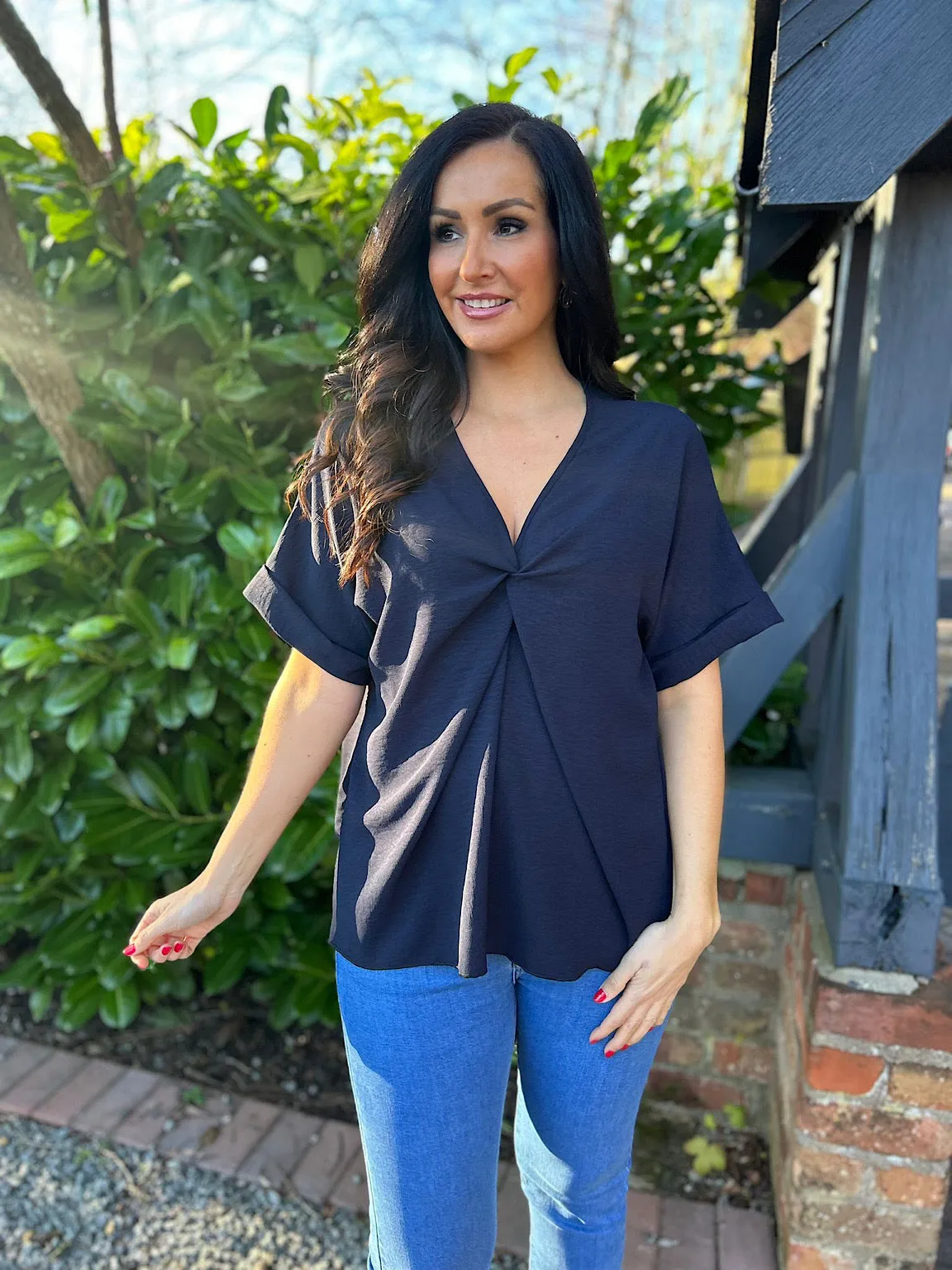 Navy Twist Front Crepe Blouse Elizabeth