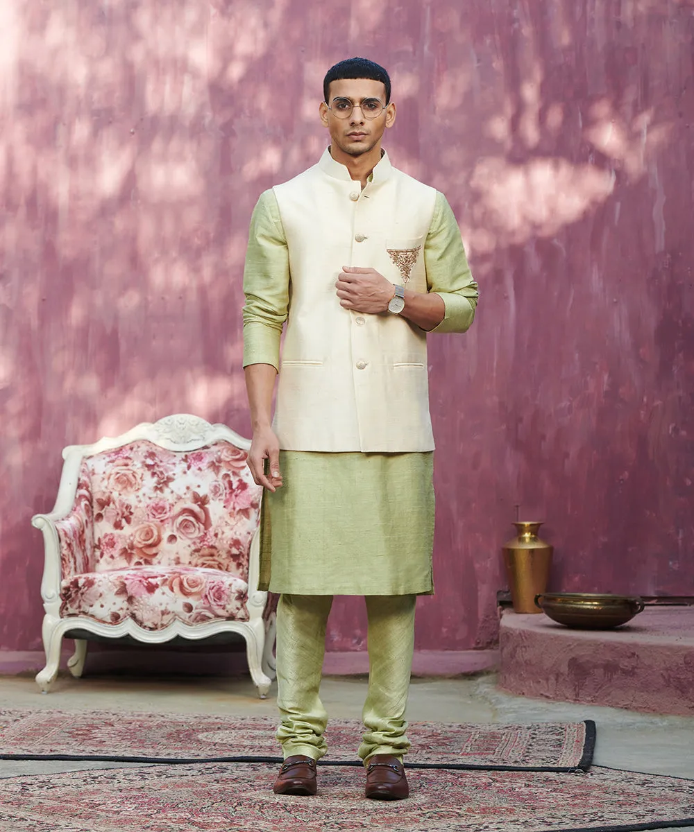 Offwhite Handcrafted Raw Silk Stitched Nehru Jacket With Dabka Hand Embroidery