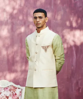 Offwhite Handcrafted Raw Silk Stitched Nehru Jacket With Dabka Hand Embroidery