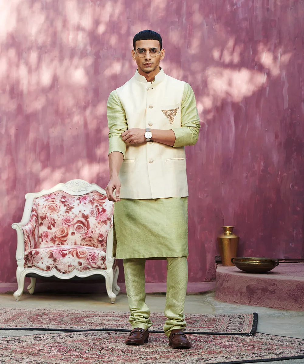 Offwhite Handcrafted Raw Silk Stitched Nehru Jacket With Dabka Hand Embroidery